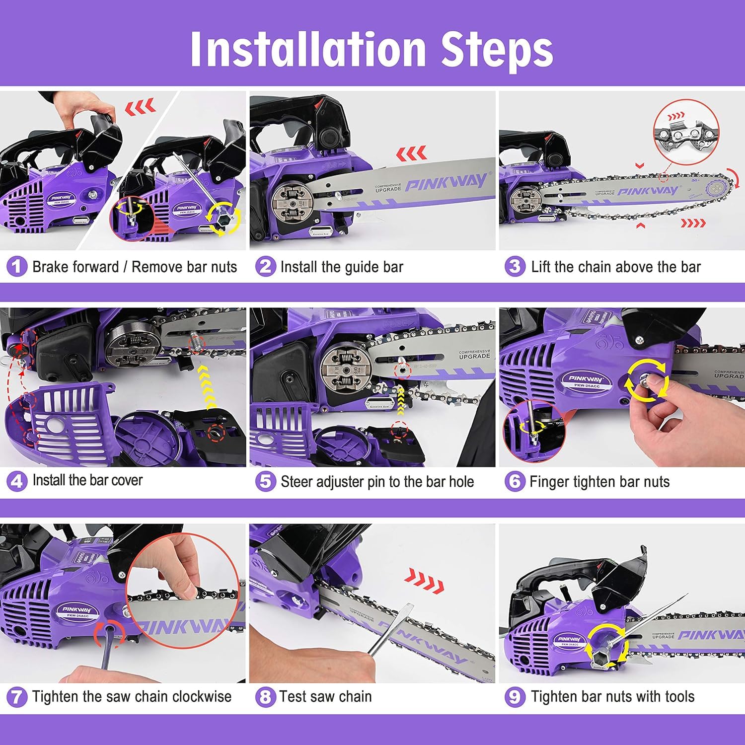 Pinkway chainsaw with automatic oiling system extending chain life