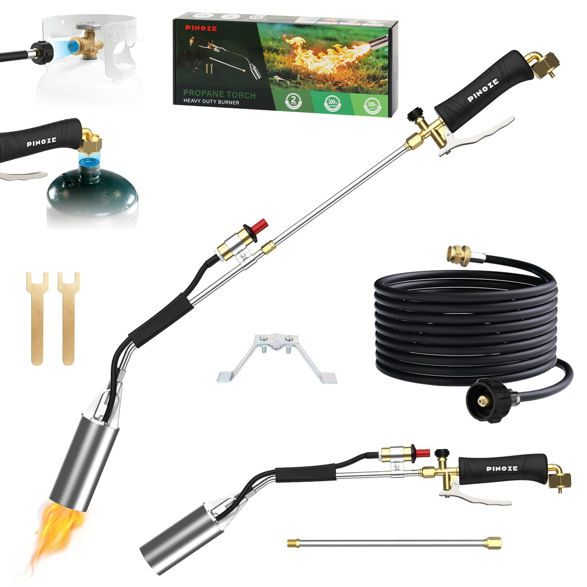PINOZE propane torch with igniter and hose for safer outdoor use.