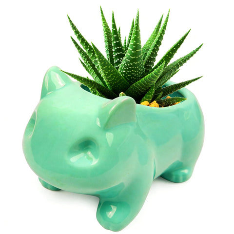Pinsjar cartoon ceramic flowerpot in green glaze for small succulents.