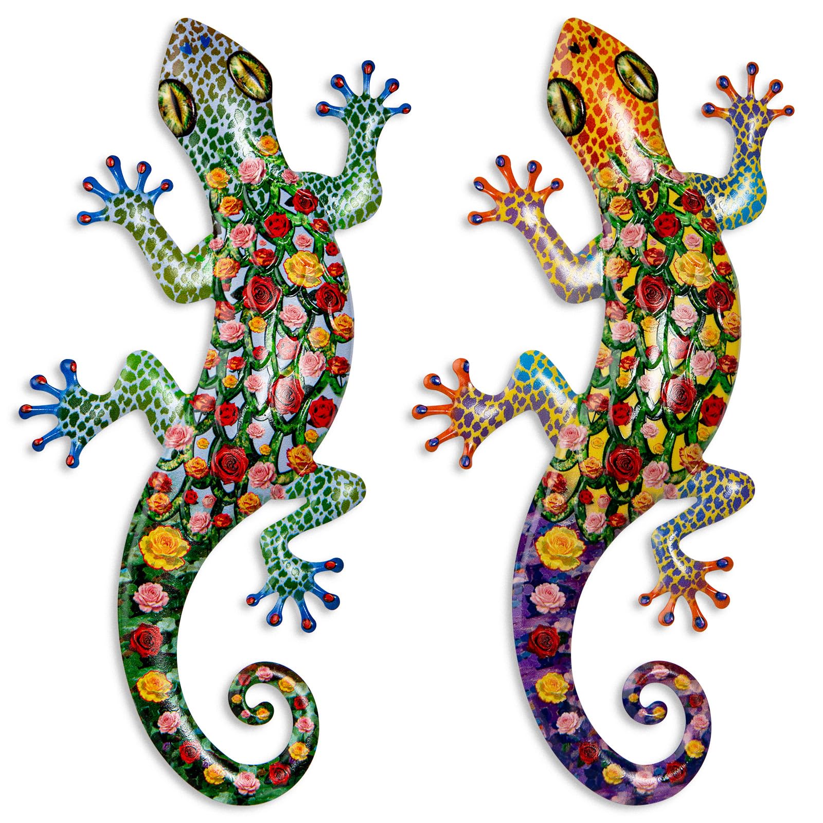 Pipilily gecko wall art 2-pack mounted on outdoor fence for vibrant yard decor.