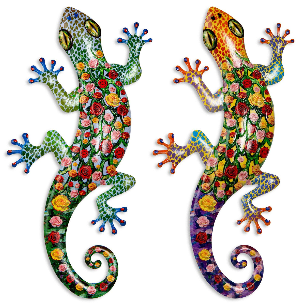 Pipilily gecko wall art 2-pack mounted on outdoor fence for vibrant yard decor.