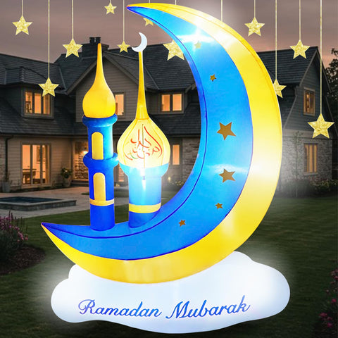 PIPIMOUSE 5FT Ramadan moon inflatable glows at night for festive yard display.