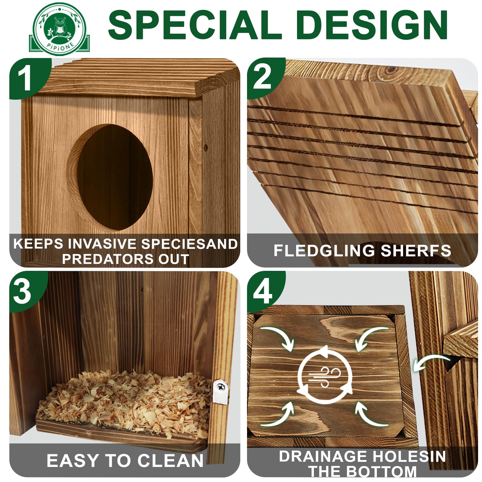 PIPIONE Owl House natural wood finish blends with forest surroundings.