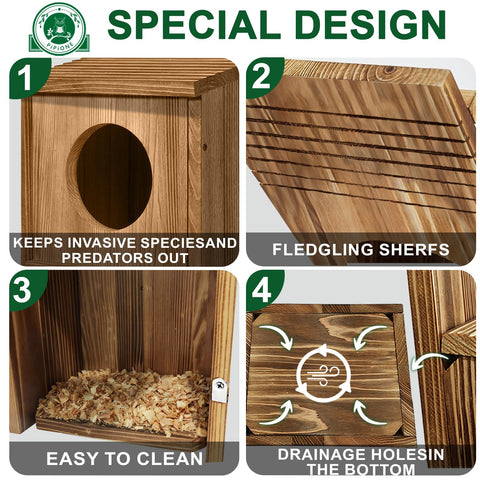 PIPIONE Owl House natural wood finish blends with forest surroundings.