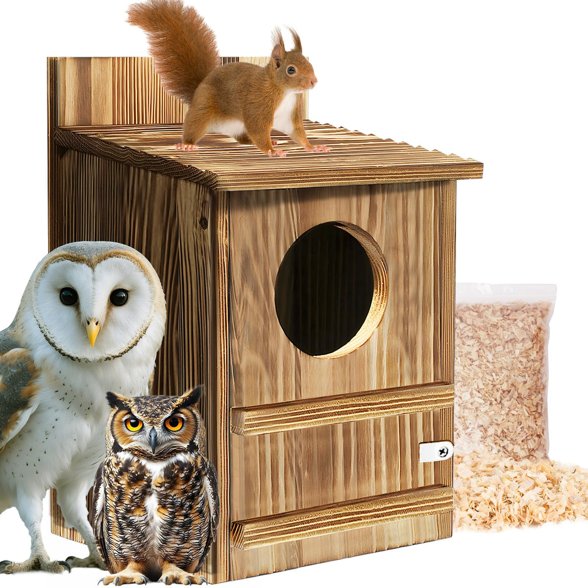 PIPIONE Owl House outdoor nesting box with natural wood finish for wildlife.