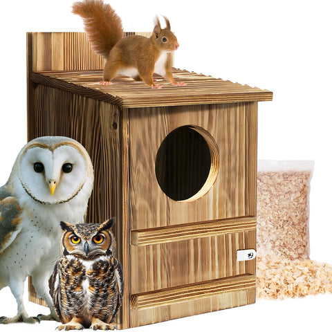 PIPIONE Owl House outdoor nesting box with natural wood finish for wildlife.