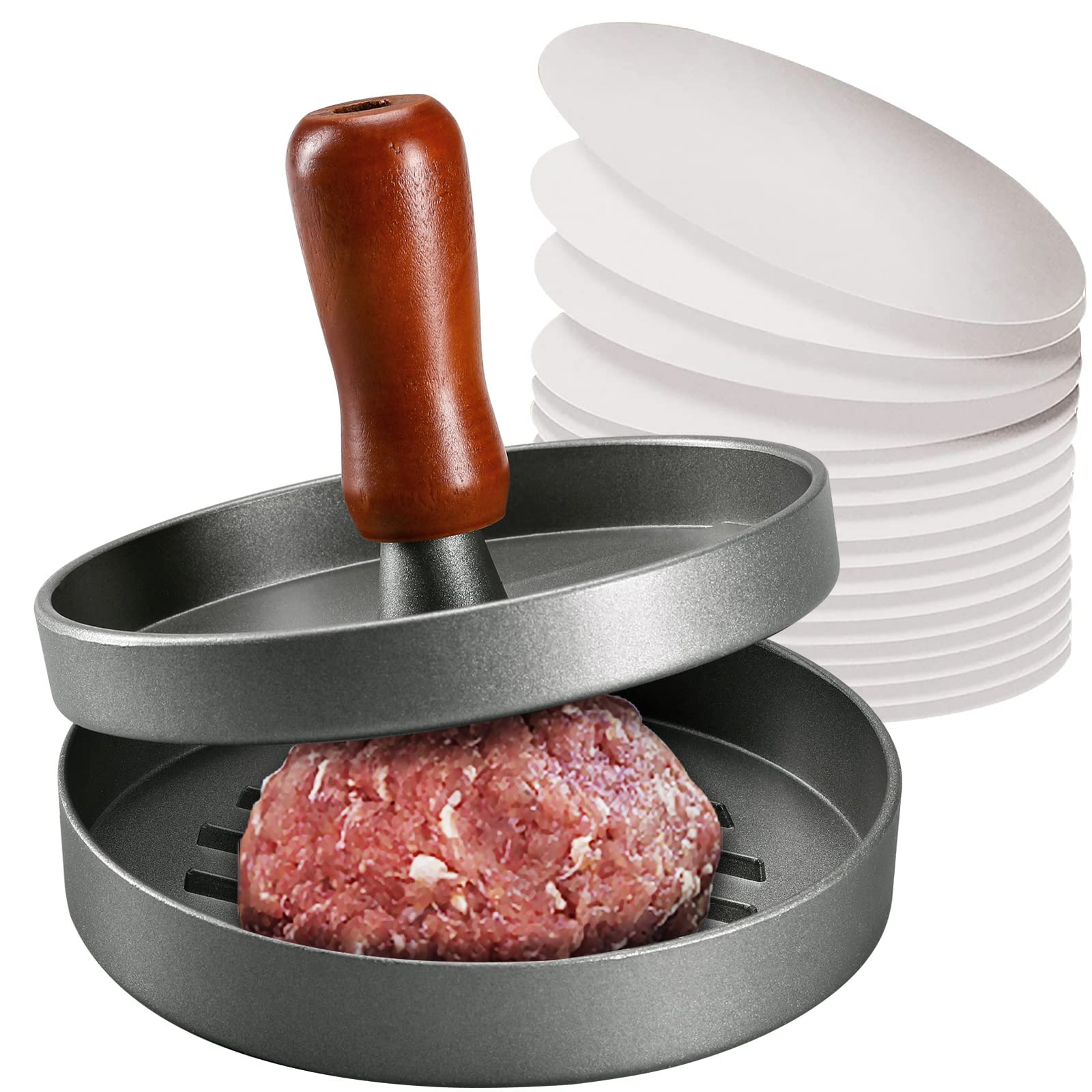 PIQUEBAR burger press with stainless steel mold shapes patties evenly.