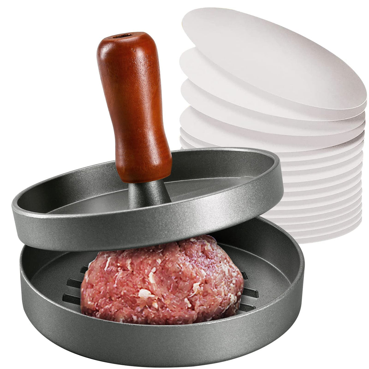 PIQUEBAR burger press with stainless steel mold shapes patties evenly.