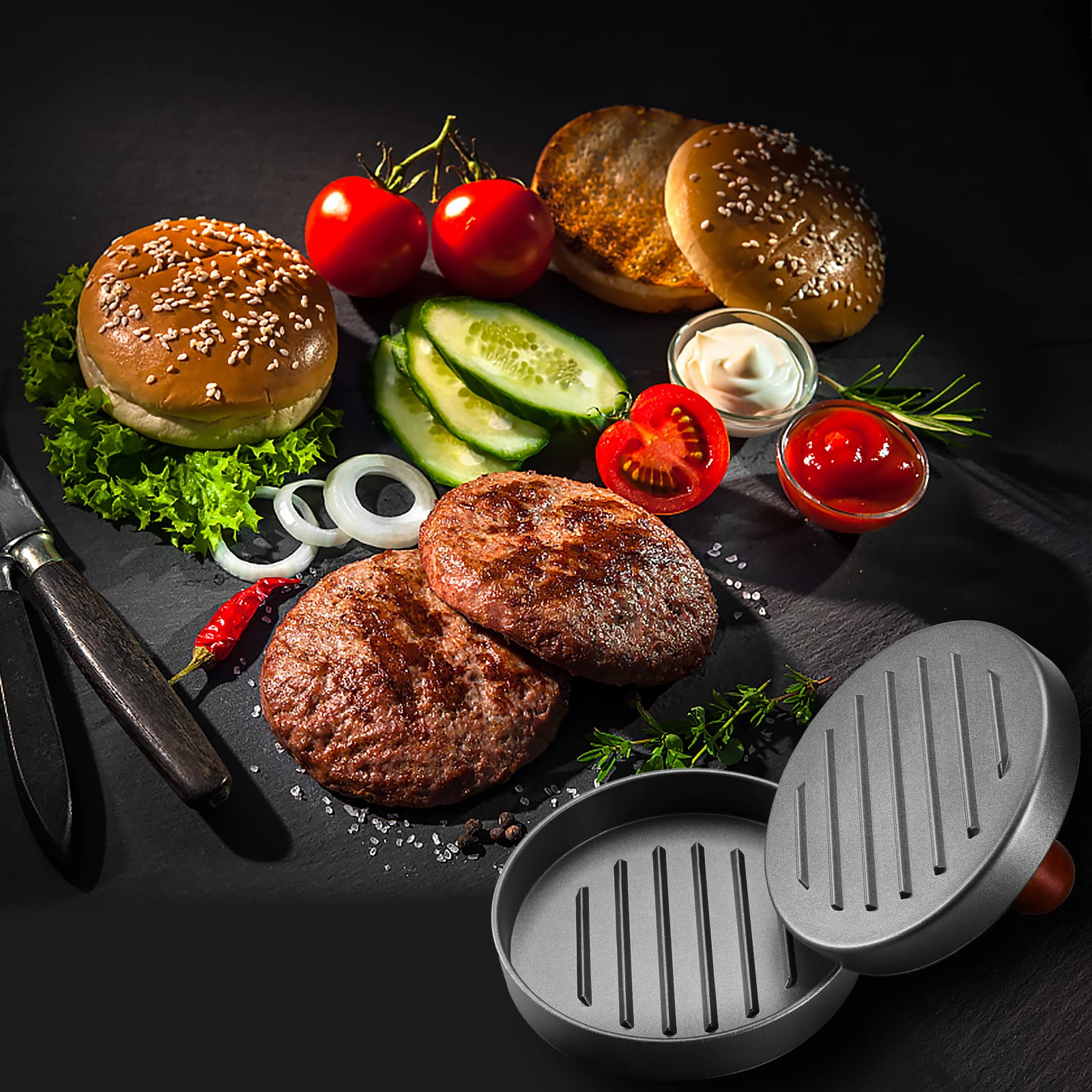 PIQUEBAR grill-ready patty press delivers even compression.