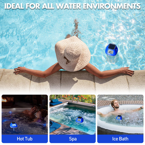Pircaath pool thermometer in use beside pool or hot tub for easy monitoring