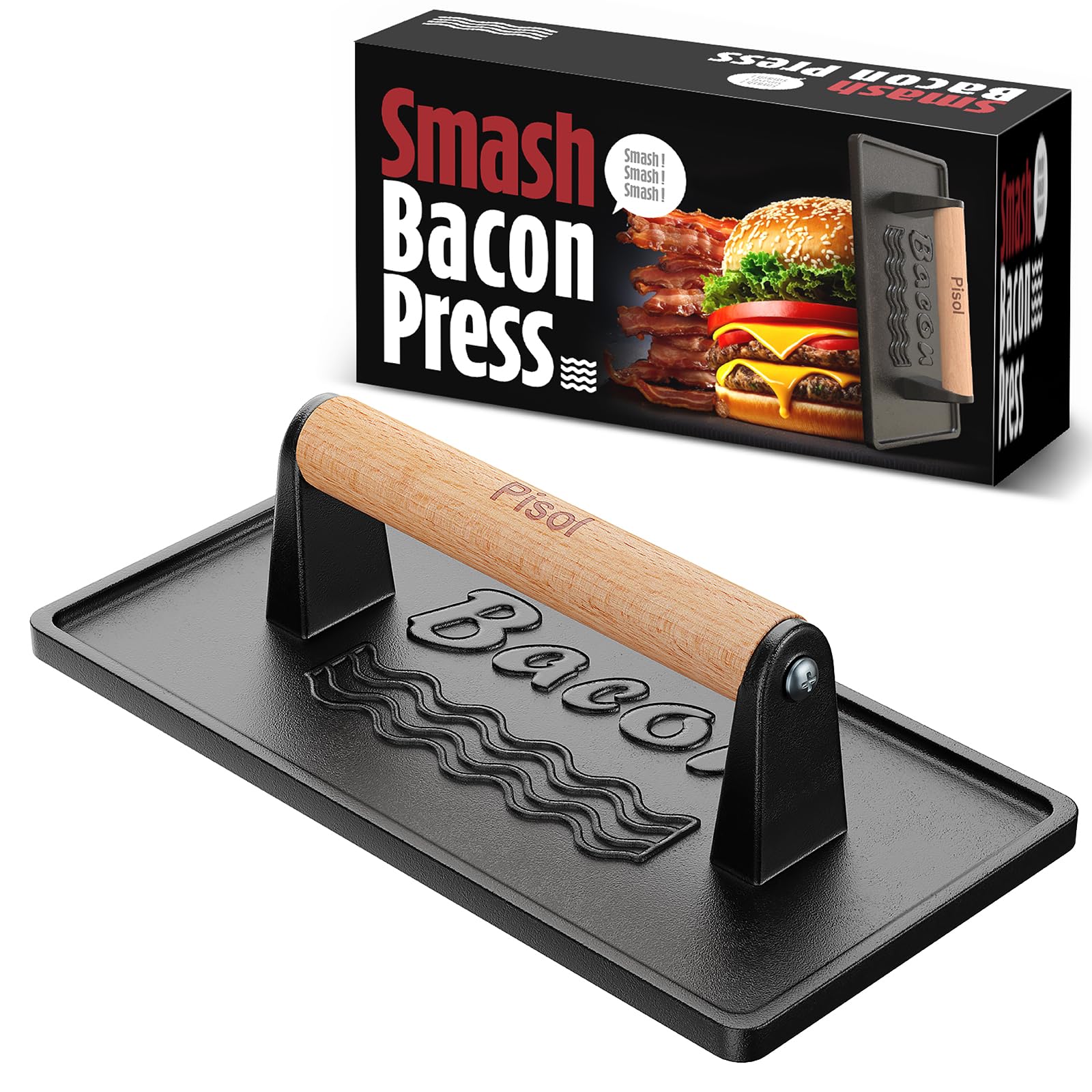 Pisol bacon press with wood handle for even cooking on bacon