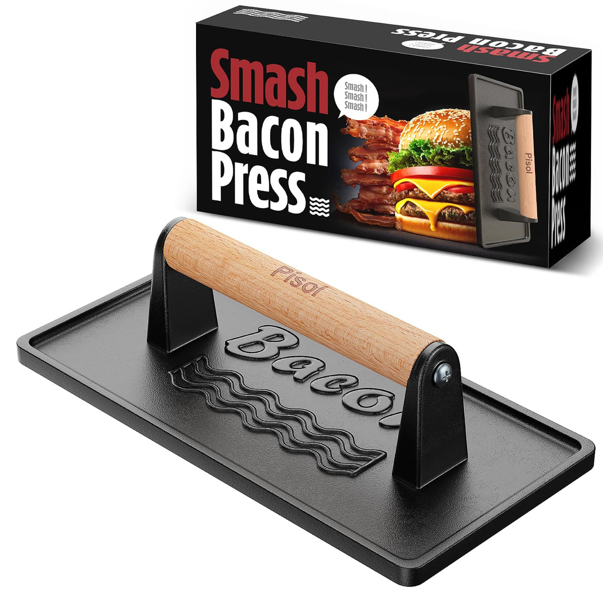 Pisol bacon press with wood handle for even cooking on bacon