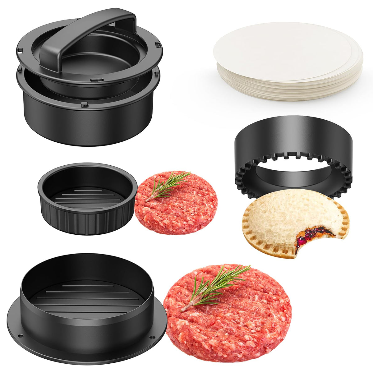 Pisol Hamburger Press 4in1 assembly demonstrates versatile patty options for burgers.