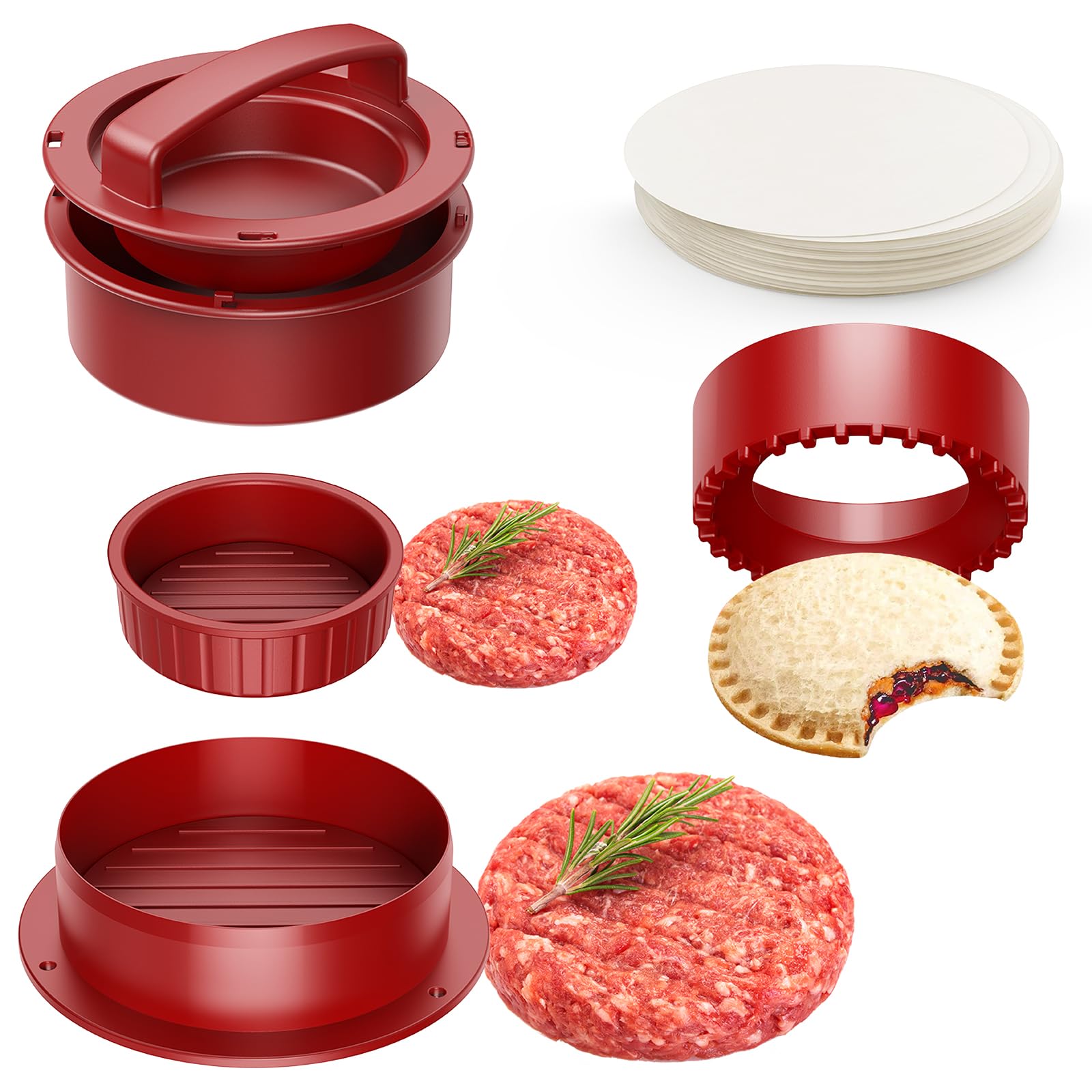 Pisol hamburger press showing 4-in-1 patty formation for even burgers at home.