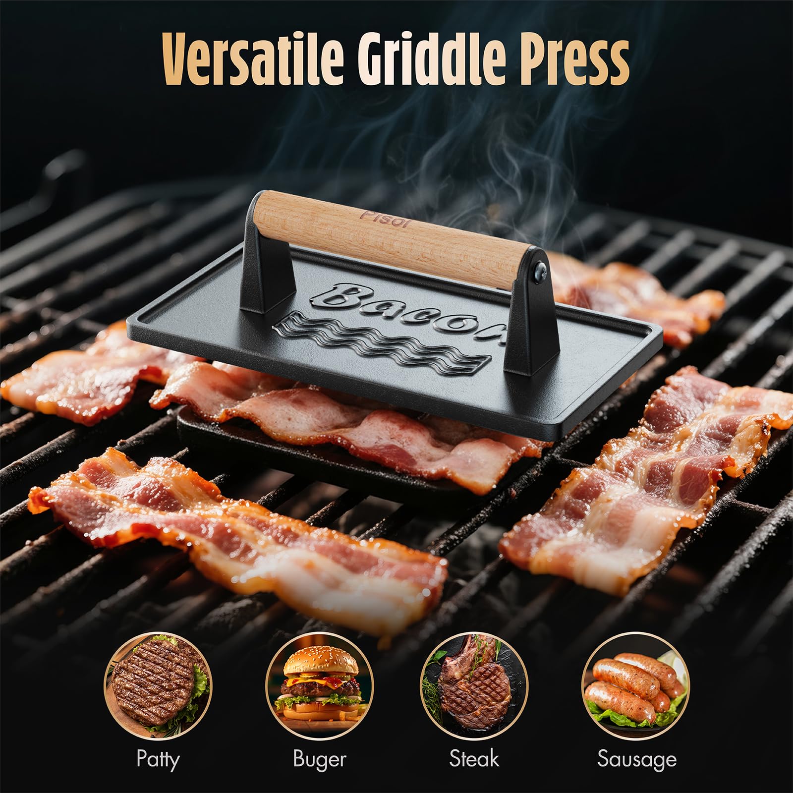 Pisol press in use on a skillet for burgers