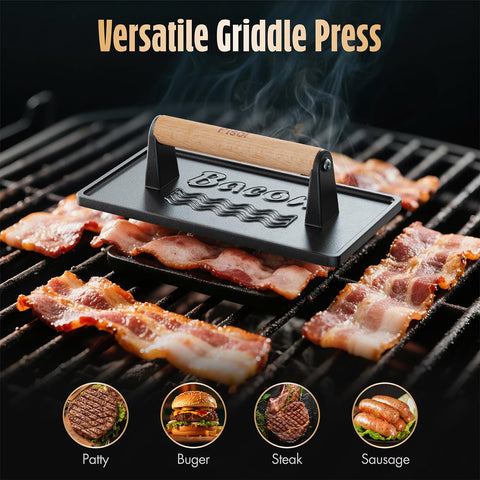 Pisol press in use on a skillet for burgers