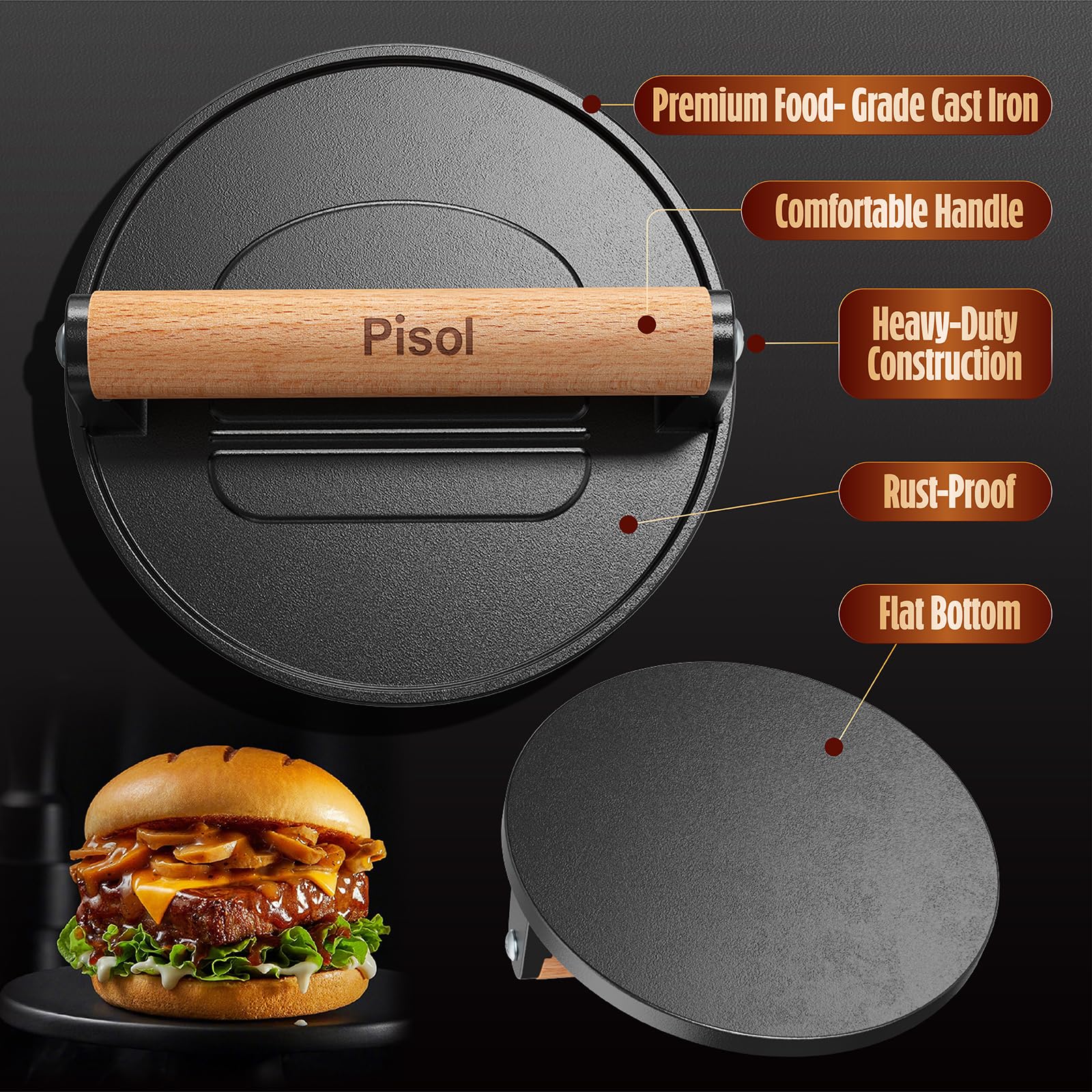 Pisol Smash Burger Press heavy-duty iron for durable grilling results on any surface.