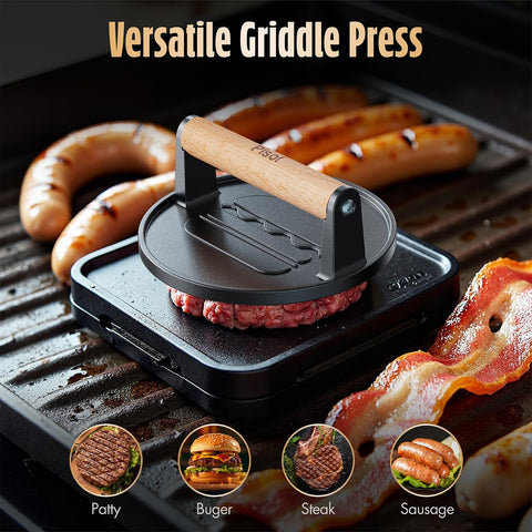 Pisol Smash Burger Press versatile for burgers, bacon, and sandwiches on grill or skillet.