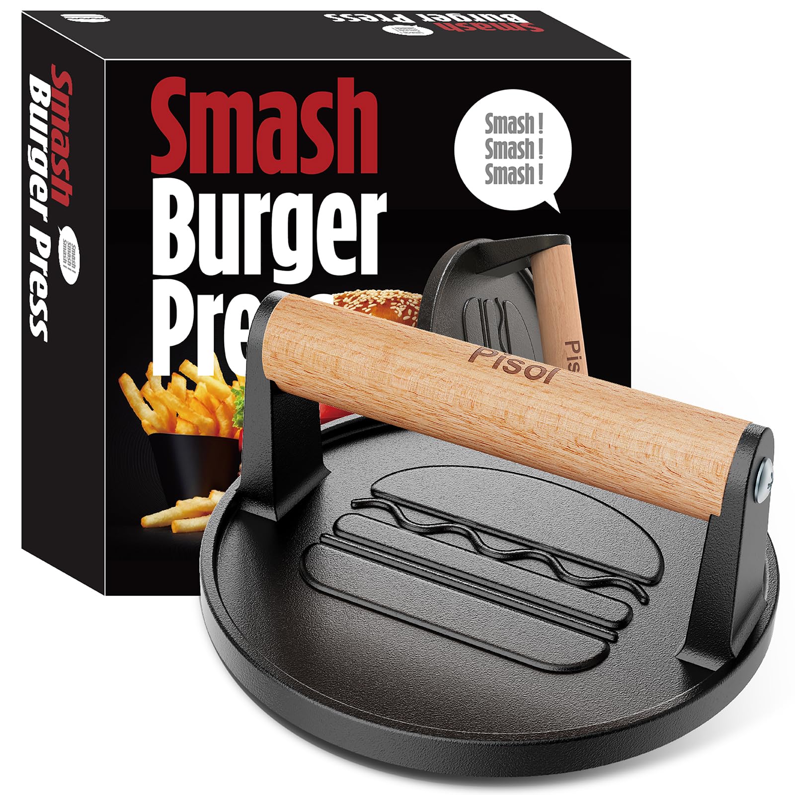 Pisol Smash Burger Press pre-seasoned cast iron ready for quick, even-crust burgers.