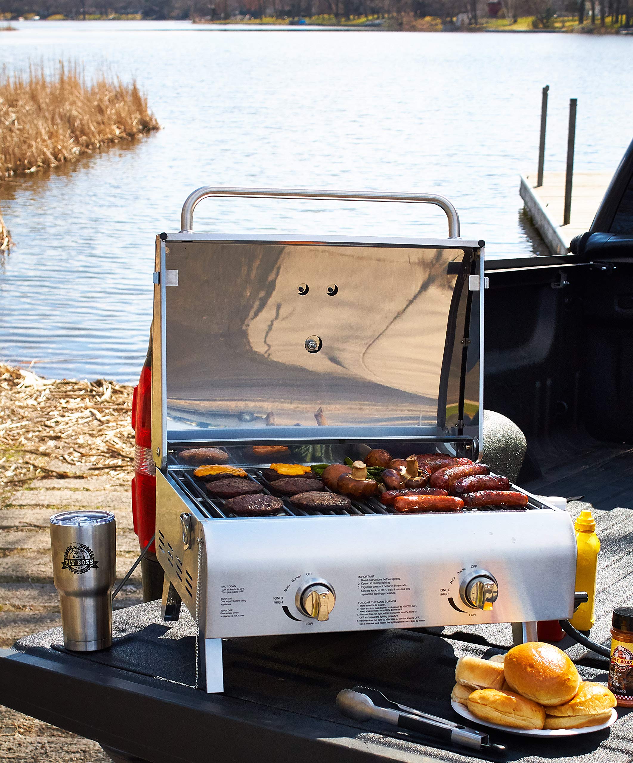Pit Boss 75275 folding legs enable portable setup and storage.