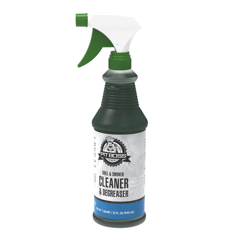 Pit Boss smoker cleaner degreaser green bottle helps dissolve grease on stainless steel grills.