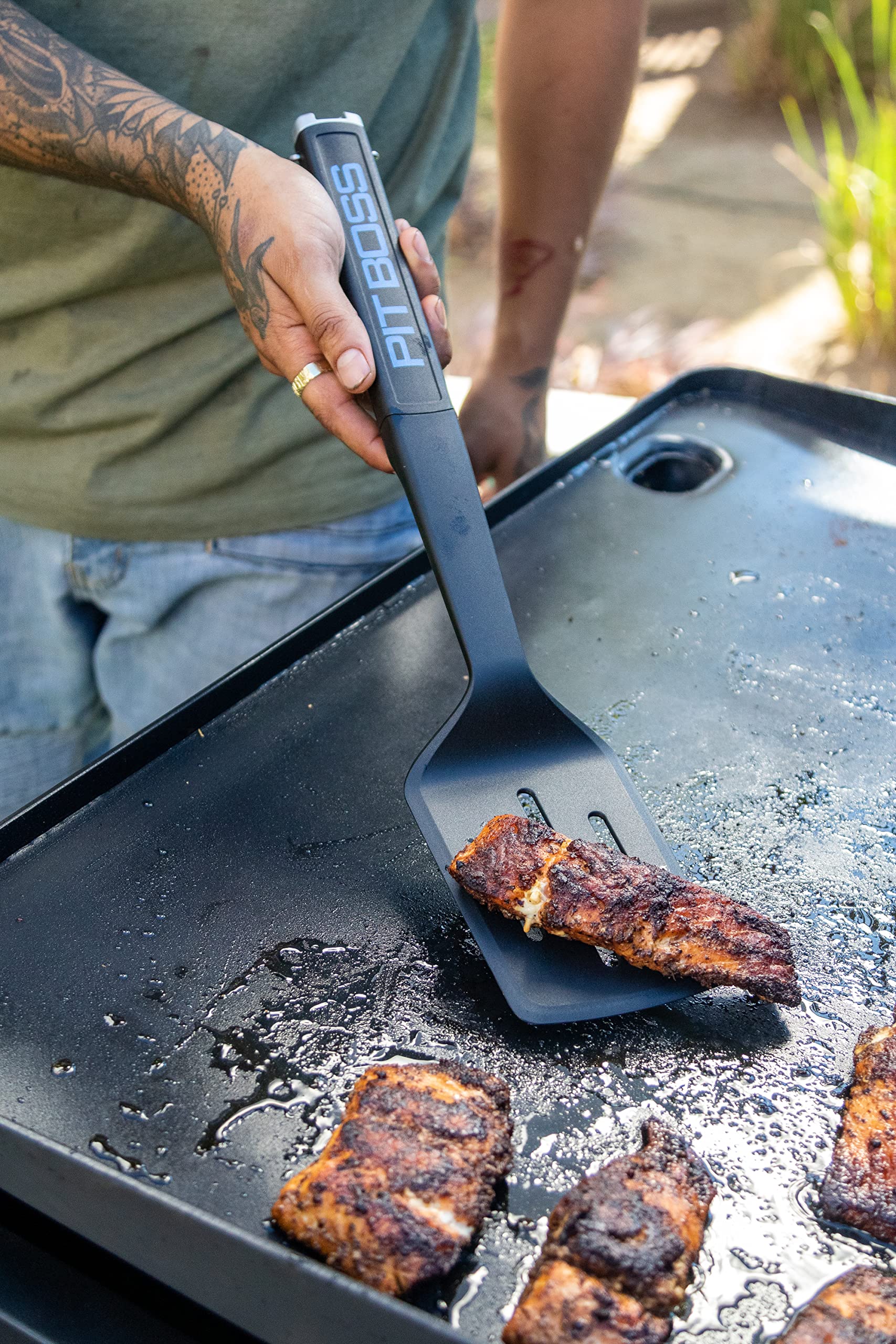 Pit Boss Ultimate griddle spatula with soft-touch handle for comfortable flipping