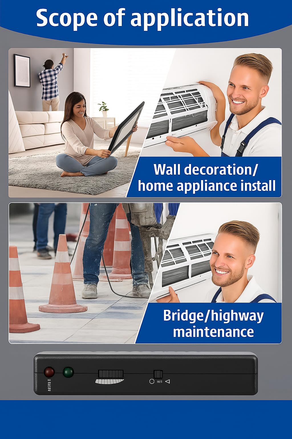 Calibration button ensures readings start from a flat, empty wall.