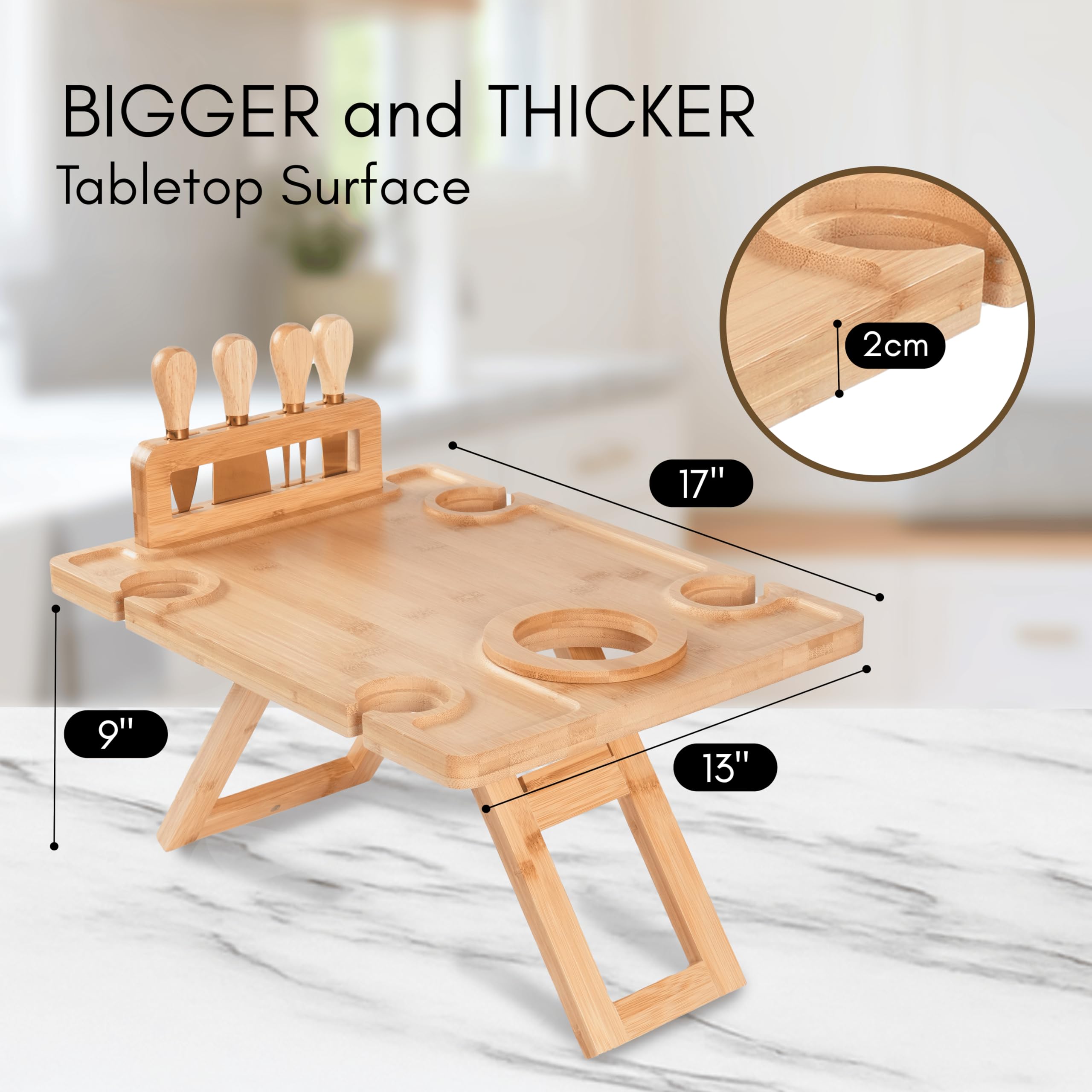 Piticco portable wine table holds bottle and four glasses for easy hosting.