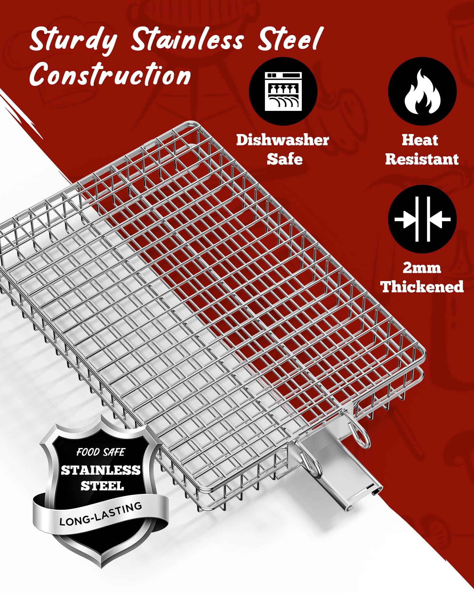 PitInnov Grill Basket removable handle enables easy flipping and safe handling.