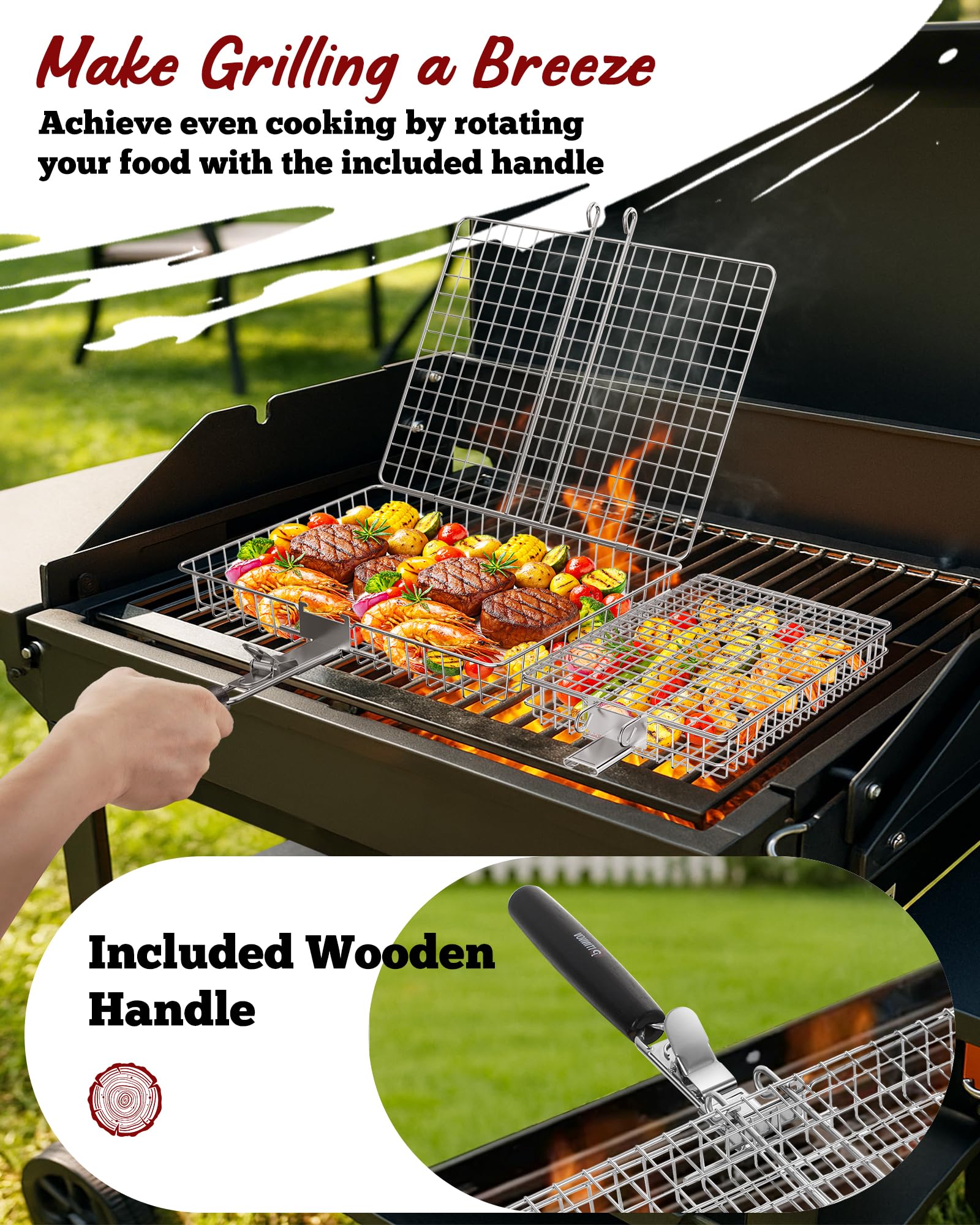 PitInnov Grill Basket secure latch keeps foods in place while grilling.