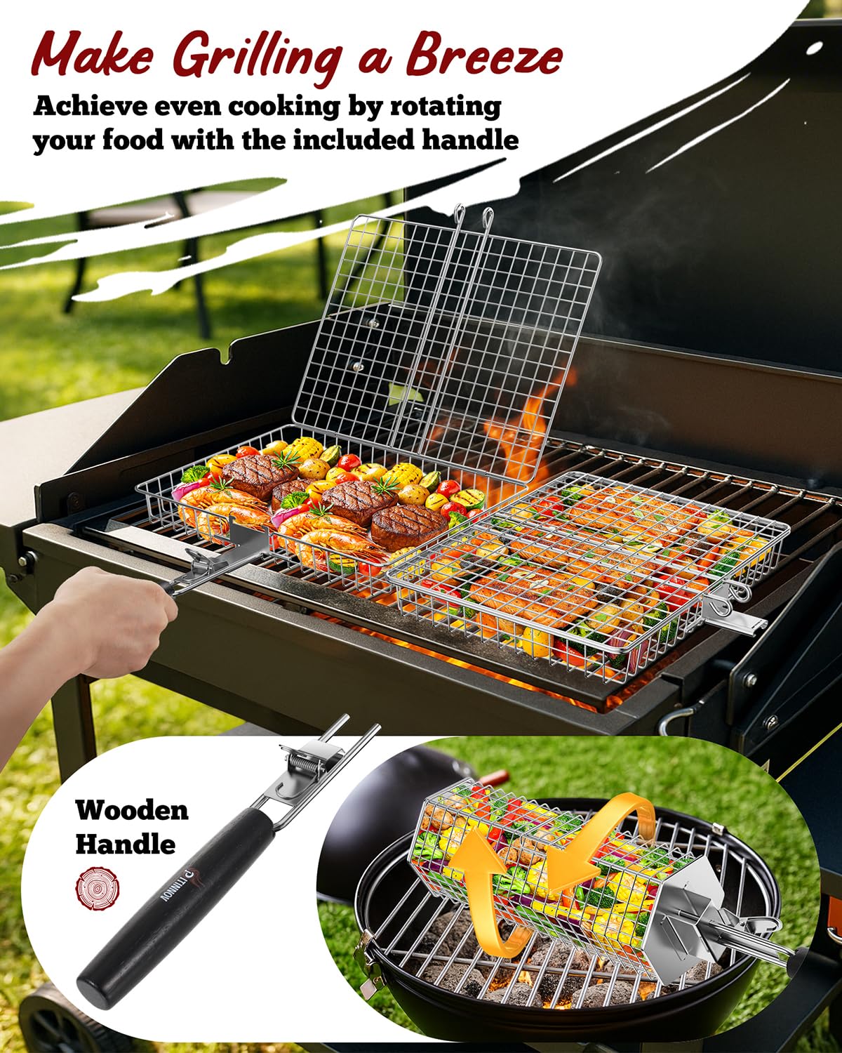 PitInnov rectangle basket ready for chicken and steak grilling with secure mesh