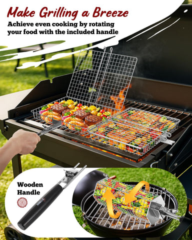 PitInnov rectangle basket ready for chicken and steak grilling with secure mesh