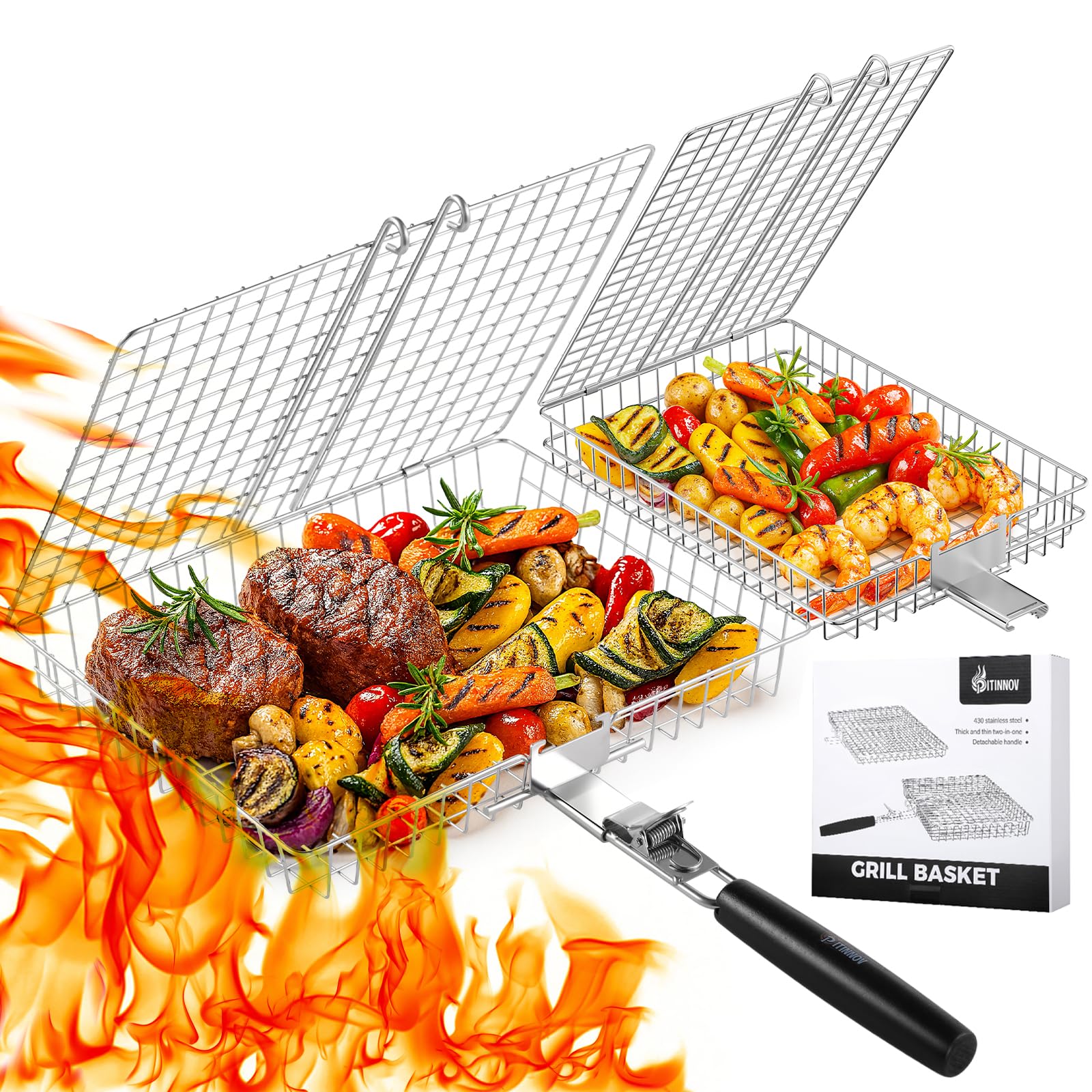 PitInnov Nesting Baskets large for thick cuts and hearty portions, ideal for outdoor grilling.