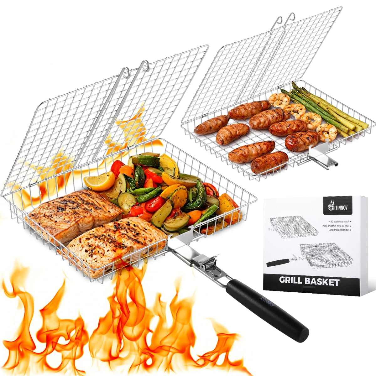 PitInnov Nesting Grill Baskets set for versatile outdoor grilling of fish and vegetables