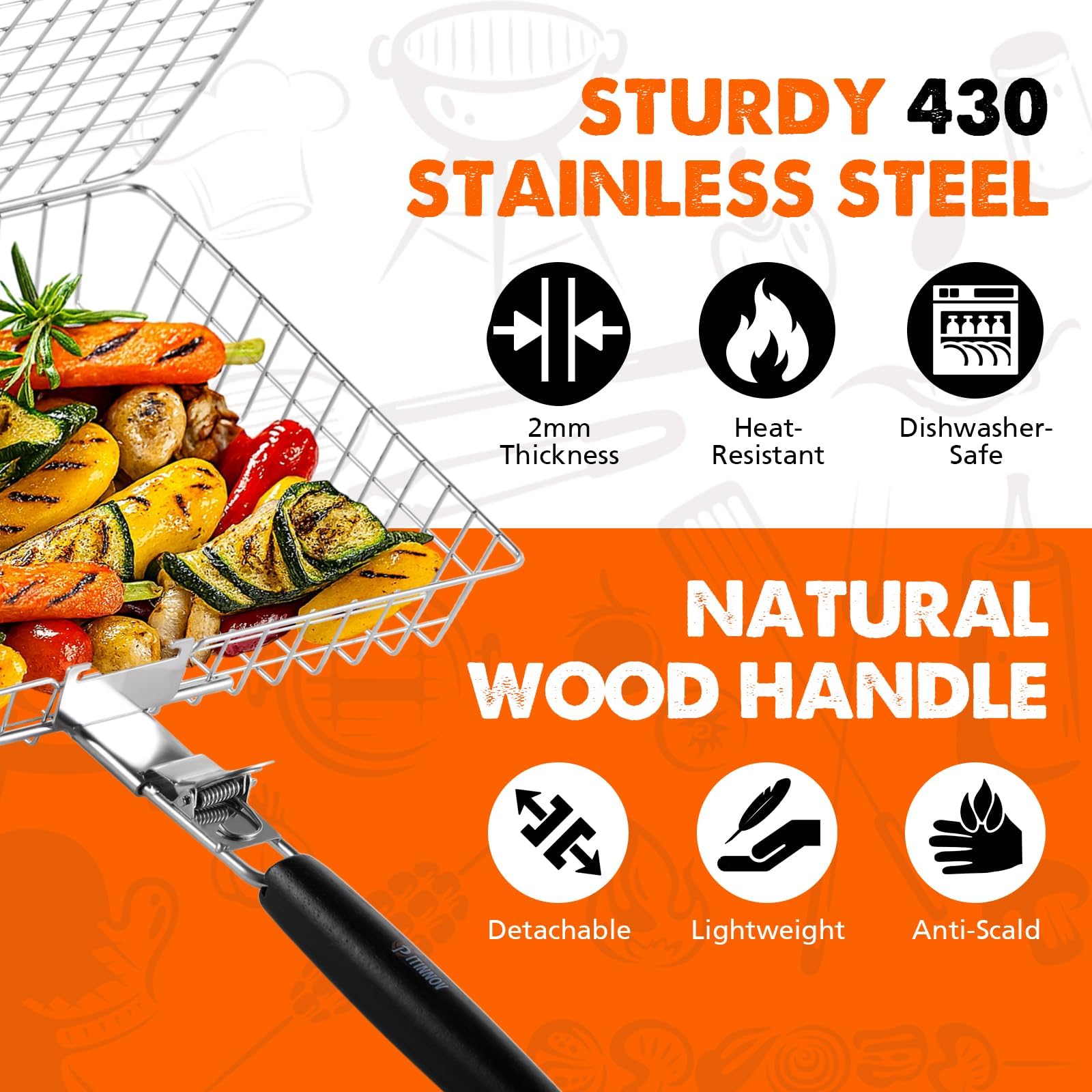 PitInnov pinch locking mechanism keeps food secure for even, trouble-free grilling