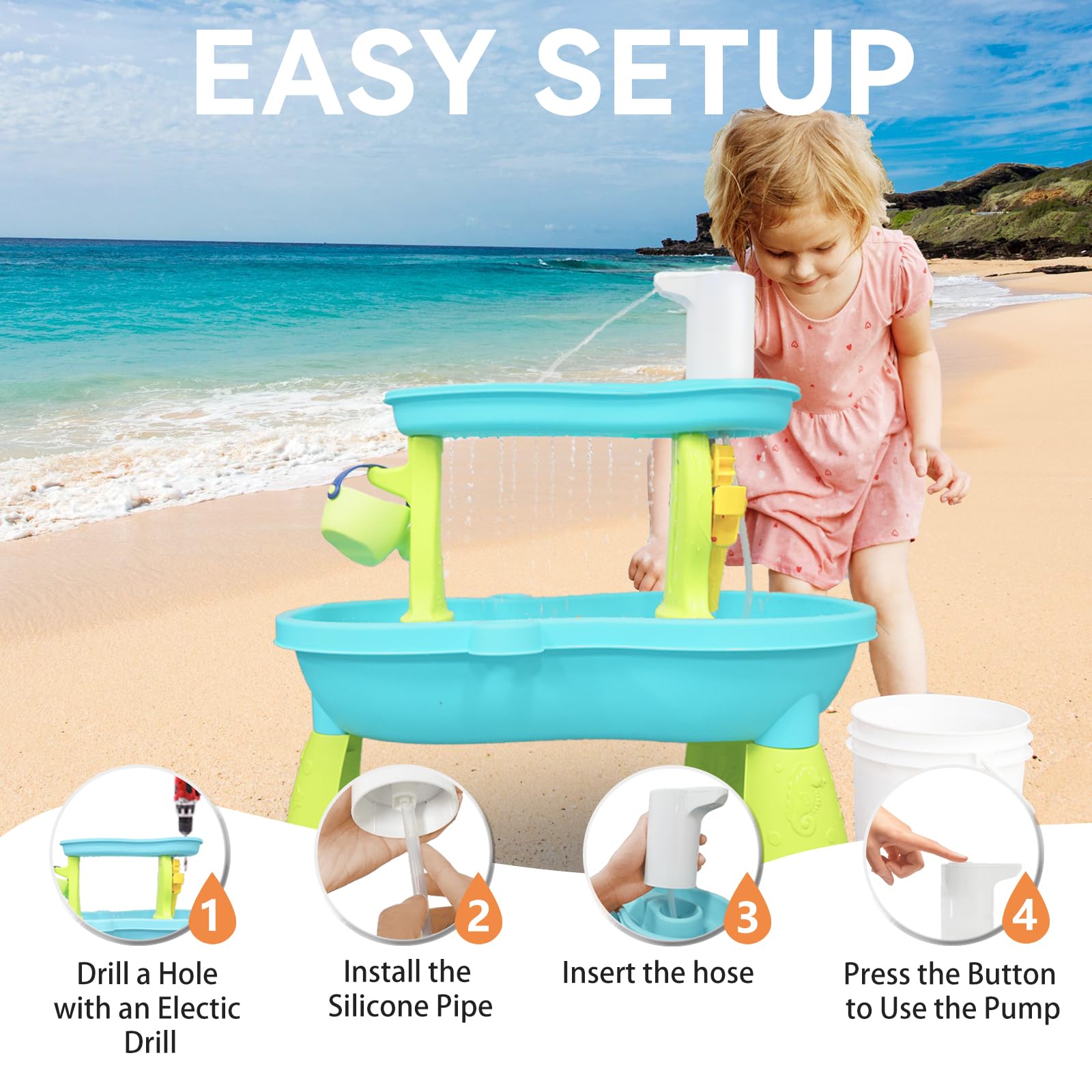Pitjeck cordless water table pump supports kid-friendly playtime.