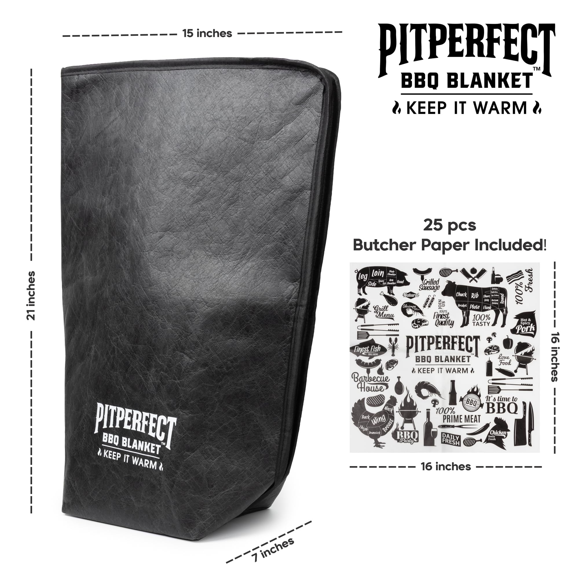 PITPERFECT BBQ BLANKET insulated interior maintains moisture for tenderness.