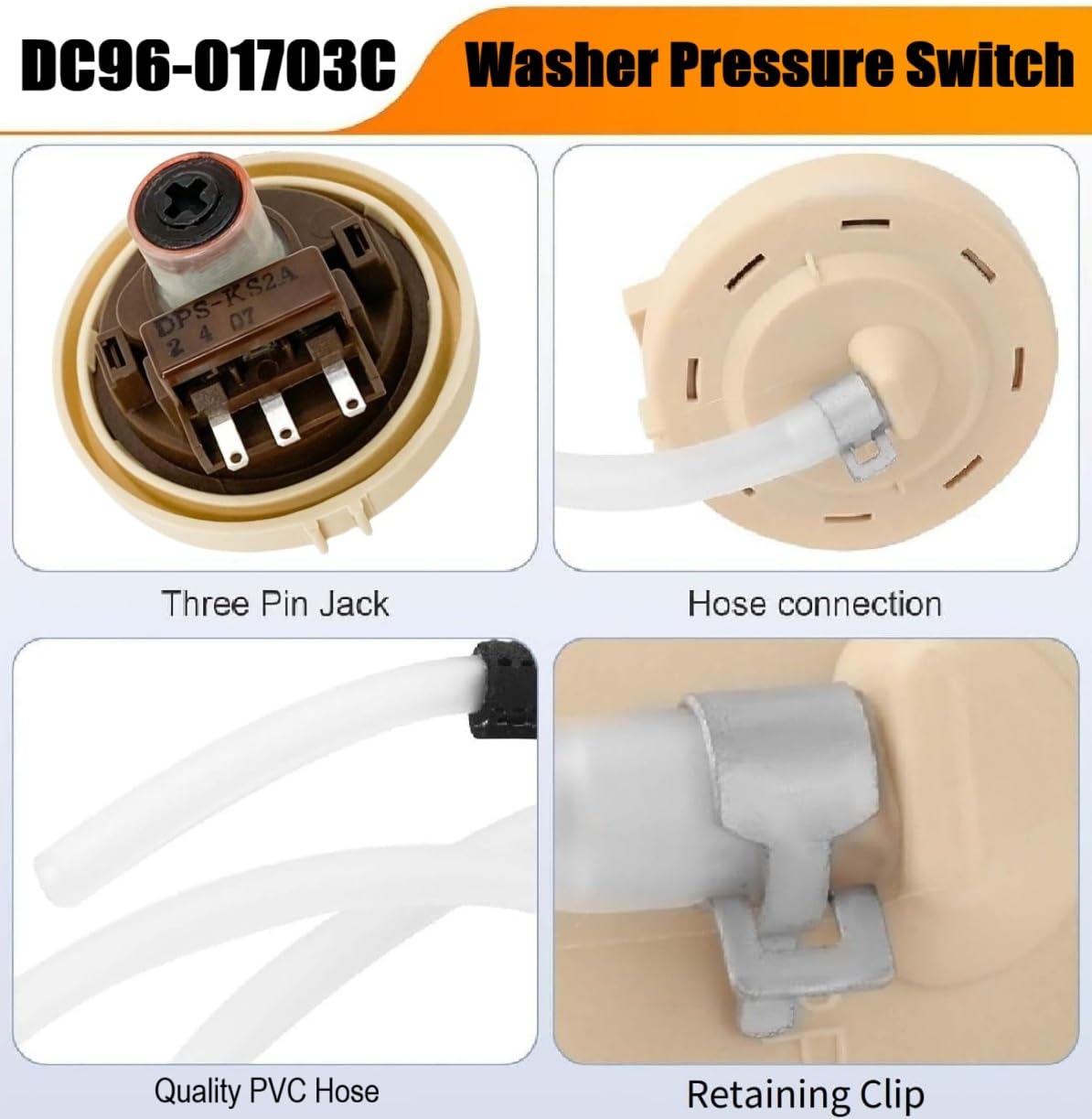 Piumeif DC96-01703C pressure sensor hose image highlighting quick installation support.