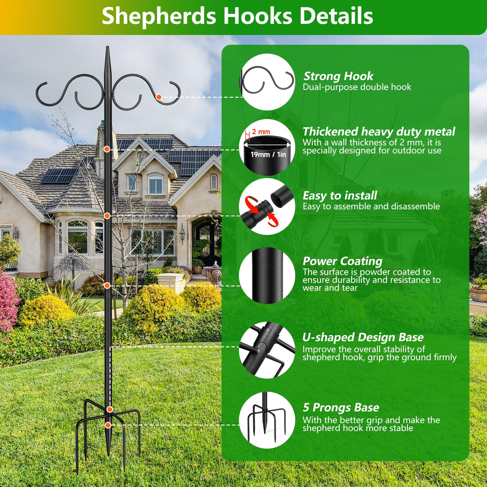 PIYILO heavy-duty 76in shepherd hook stands sturdy outdoors