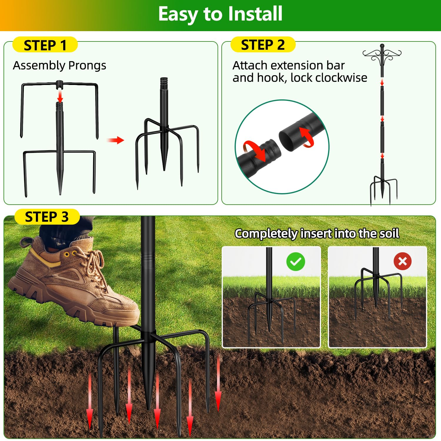 PIYILO bottom prongs improve ground stability in adverse weather.