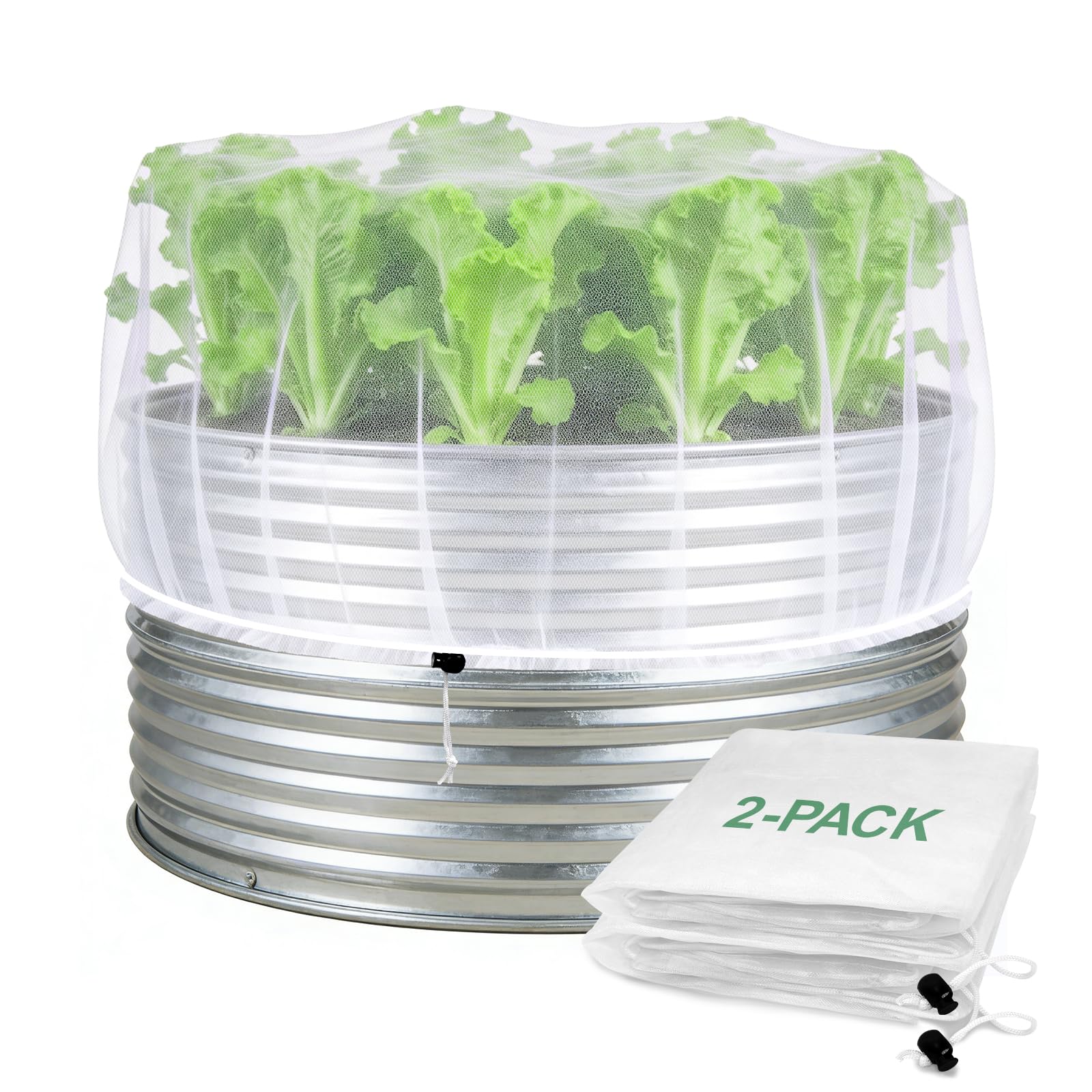 PJT 2-pack garden netting over a 2 ft round bed provides bird and pest protection.
