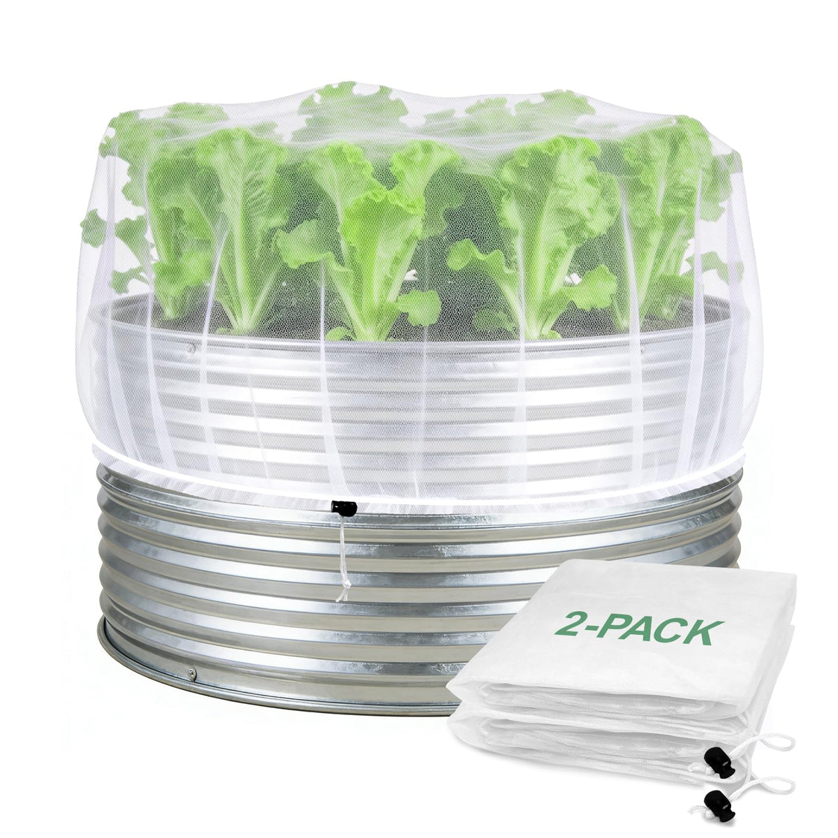 PJT 2-pack garden netting over a 2 ft round bed provides bird and pest protection.