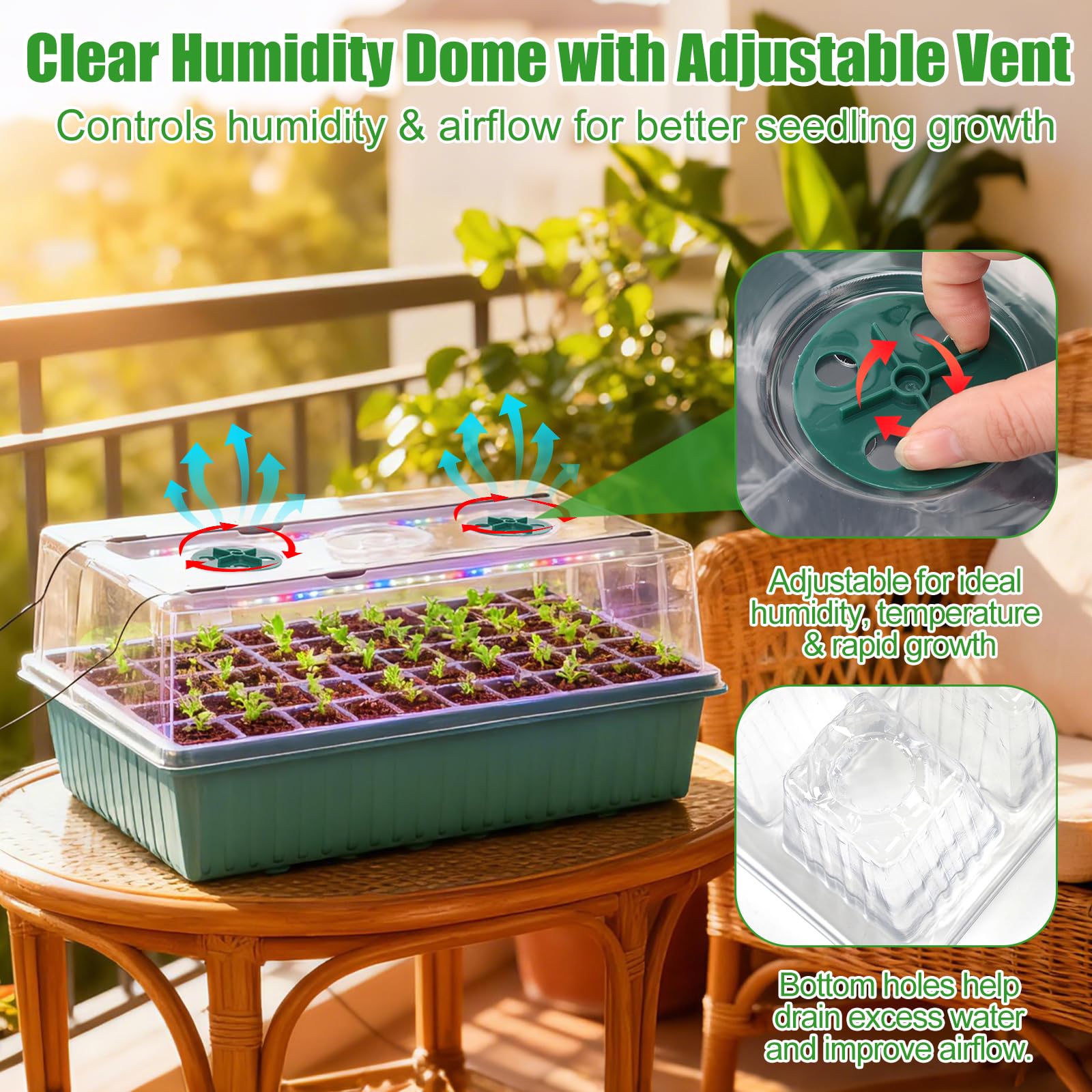 PJT clear humidity dome with vents enables controlled airflow and moisture levels.