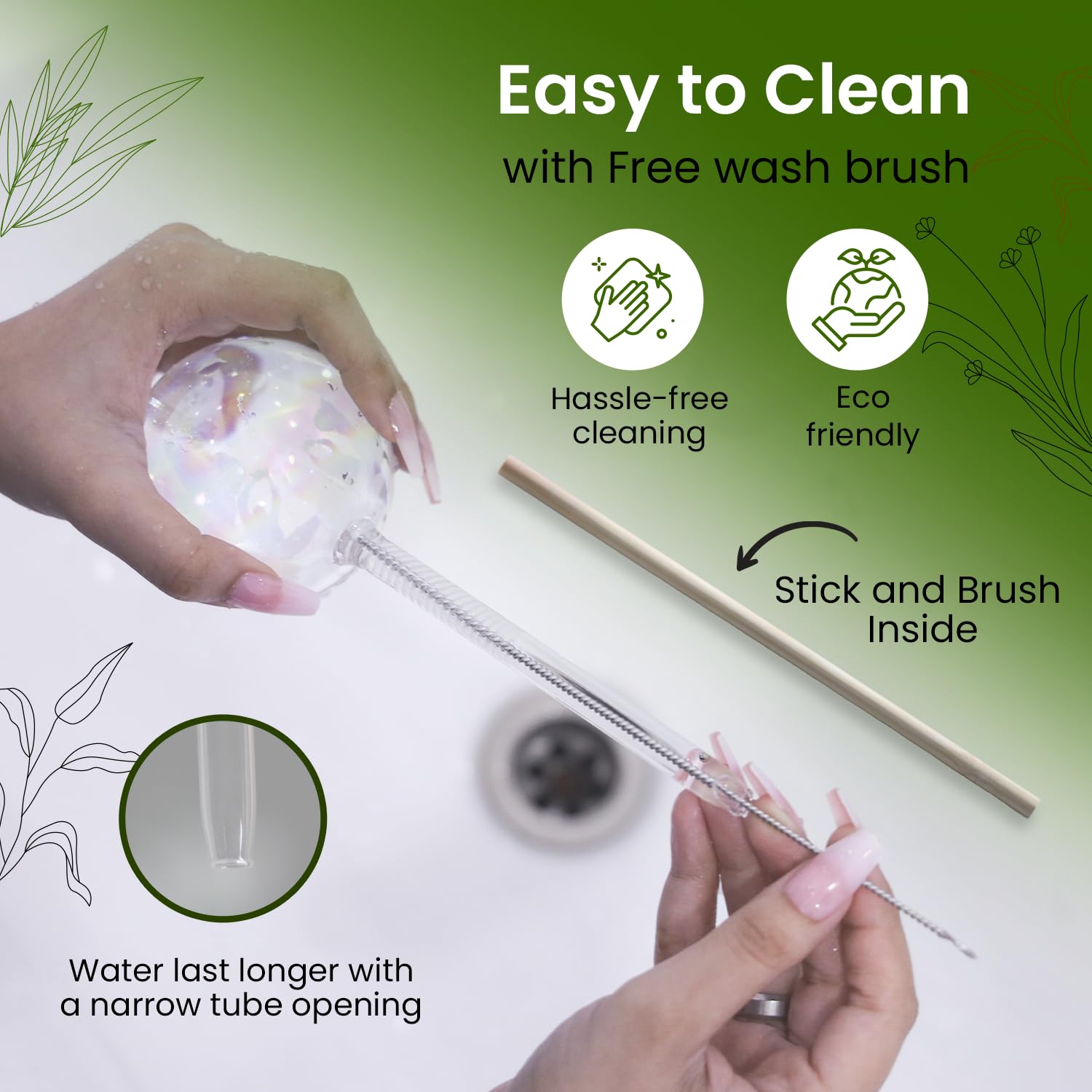 Medium iridescent globe preserves plant hydration during trips.