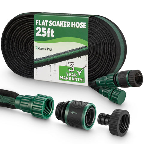 Plant & Plot flat soaker hose 25ft delivering root-zone irrigation for efficient watering.