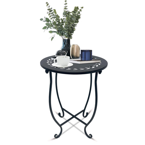 Plant Castle round side table with wreath pattern for indoor and outdoor display.