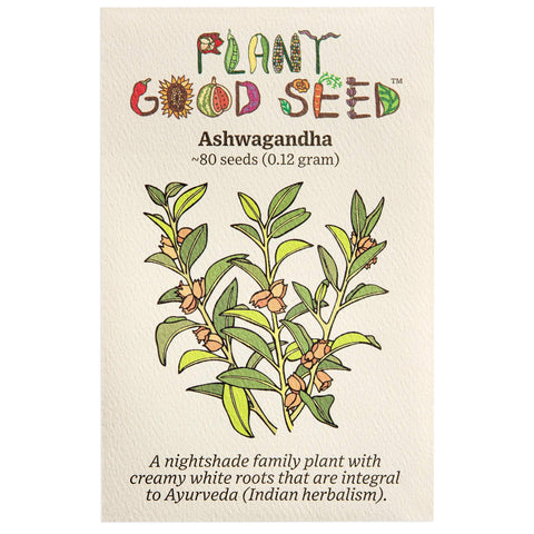 Plant Good Seed Ashwagandha seeds packet shown for reliable organic gardening.