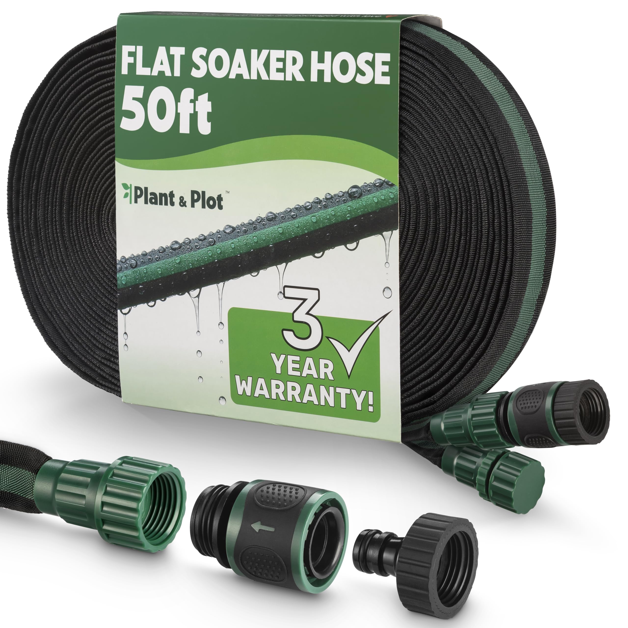 Plant & Plot flat soaker hose 50ft laid out for even root-zone watering