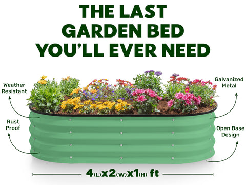 Plant & Plot galvanized raised bed outdoors amidst greenery for patio or yard gardening.