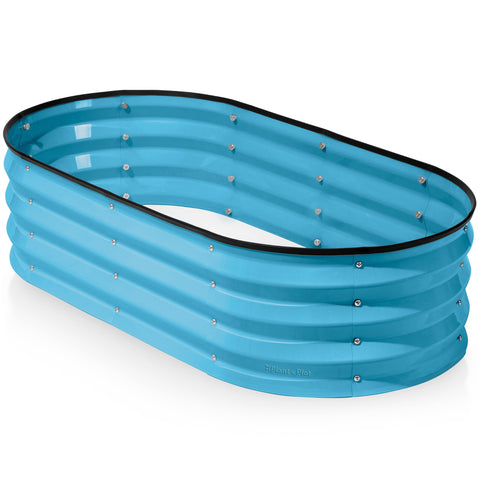 Plant & Plot galvanized raised bed teal front view highlighting sturdy, weatherproof garden solution.